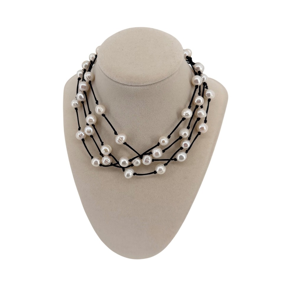 Long Freshwater Baroque Pearl Black Silk Cord Knotted Strand‎ Necklace 60 Inch